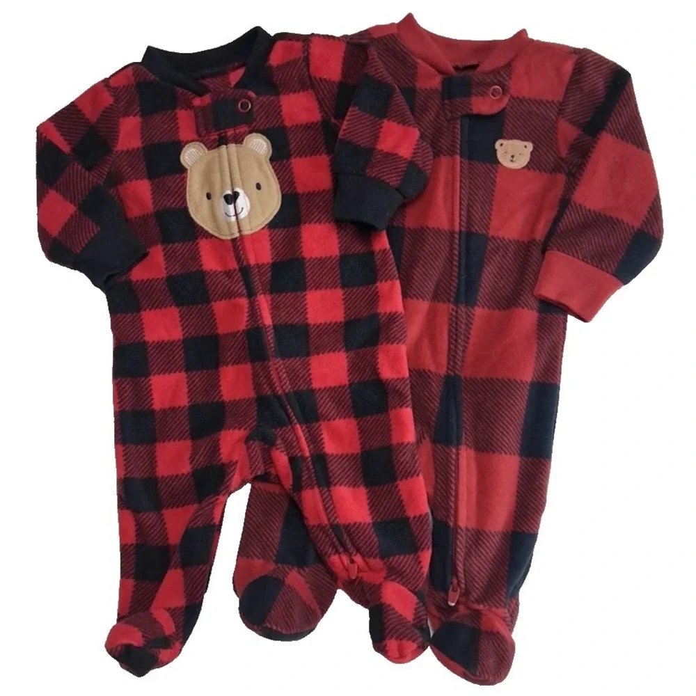 Carter's‎ Fleece Baby Boy Newborn Footed Sleeper Lot 3pc Red Plaid Bear Dinosaur